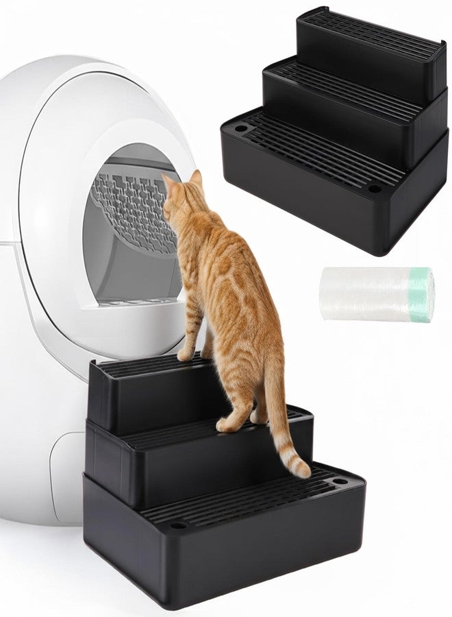 Vesici Adjustable 3 Steps Litter Box Ramp with 20 Waste Bags Pet Steps for Cats with Filter Function Non Slip Cat Litter Stair for Automatic Box Small Elder cat(Black) - Image 1